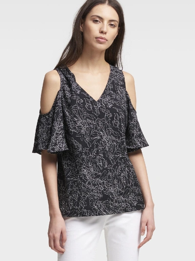 Donna Karan Floral Ruffle-sleeve Cold-shoulder Top In Black