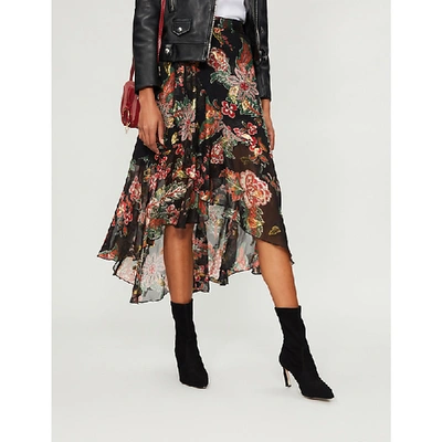 The Kooples Floral-print Silk-blend Skirt In Bla01
