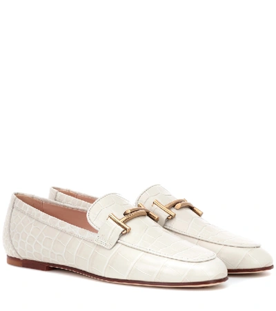 Tod's Double T Embossed Leather Loafers In White Cream