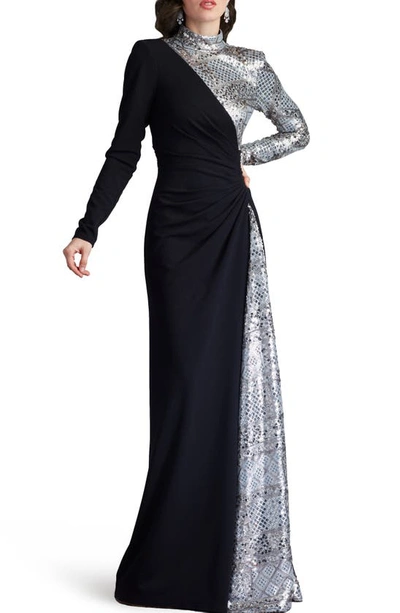 Tadashi Shoji Sequin Patchwork Mixed Media Long Sleeve Gown In Black/ Silver