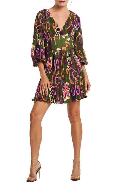 Ciebon Candice Plissé Fit & Flare Dress In Green Multi