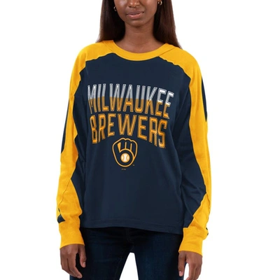G-iii 4her By Carl Banks Women's  Navy, Gold Milwaukee Brewers Smash Raglan Long Sleeve T-shirt In Navy,gold
