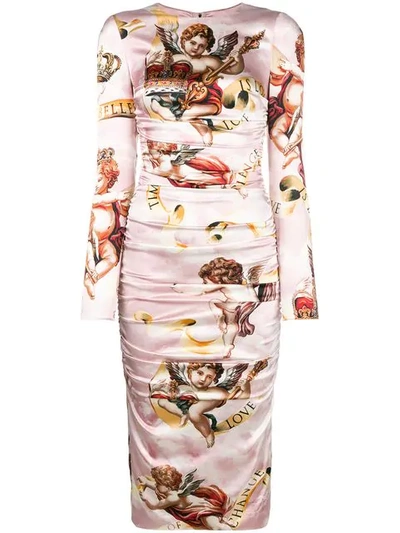 Dolce & Gabbana Cherub Print Satin Bodycon Dress In Pink