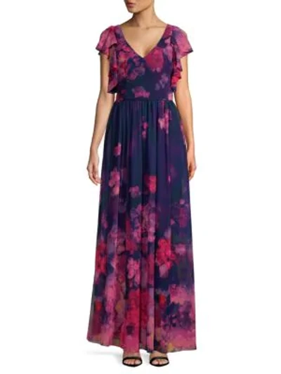 David Meister Floral Chiffon Gown In Pink Multi