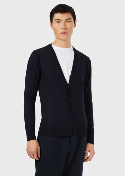 Emporio Armani Plain-knit, Virgin-wool V-neck Cardigan In Navy Blue