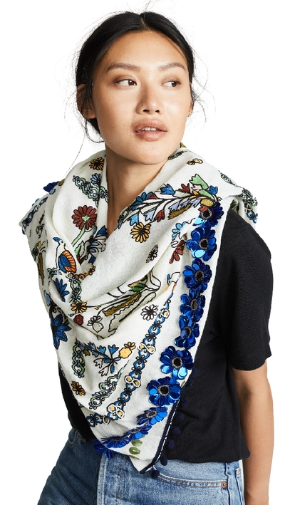 Tory Burch Meadow Sweet Embroidered Oblong Scarf In Ivory Meadow Sweet