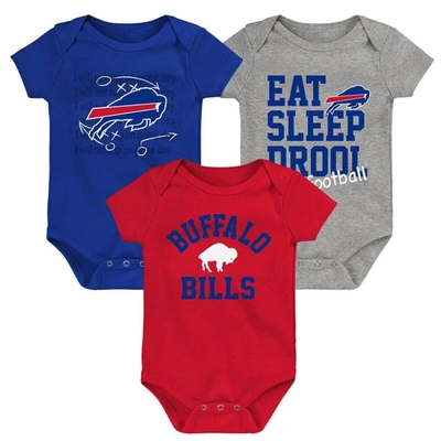 Outerstuff Babies' Newborn & Infant Red/royal/heather Gray Buffalo Bills Three-pack Eat, Sleep & Drool Retro Bodysuit S