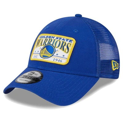 New Era Royal Golden State Warriors Plate Oversized Patch Trucker 9forty Adjustable Hat