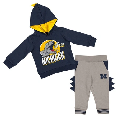 Colosseum Babies' Infant Boys And Girls  Navy, Grey Michigan Wolverines Dino Pullover Hoodie And Trousers Set In Navy,gray