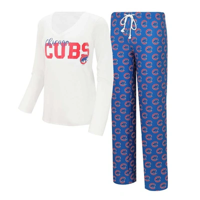 Concepts Sport Women's  White, Royal Chicago Cubs Long Sleeve V-neck T-shirt And Gauge Pants Sleep Se In White,royal