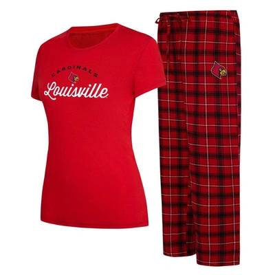 Concepts Sport Women's  Red, Black Louisville Cardinals Arctic T-shirt And Flannel Pants Sleep Set In Red,black