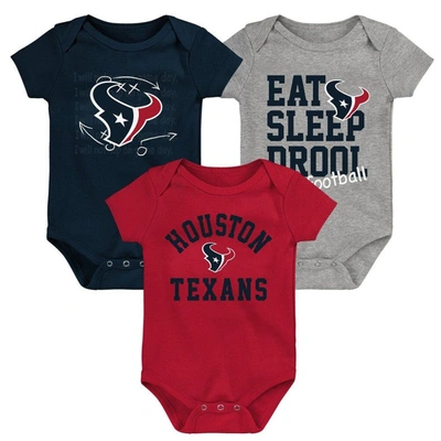 Outerstuff Babies' Newborn & Infant Navy/red/heather Grey Houston Texans Three-pack Eat, Sleep & Drool Retro Bodysuit S In Navy,red,heather Grey