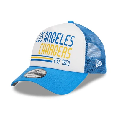 New Era White/powder Blue Los Angeles Chargers Stacked A-frame Trucker 9forty Adjustable Hat