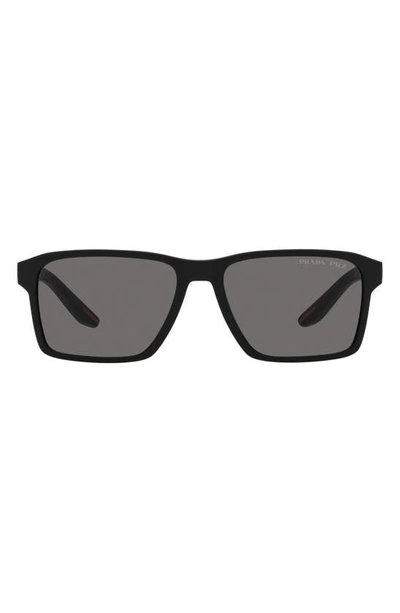 Prada 58mm Polarized Rectangular Sunglasses In Rubber Black