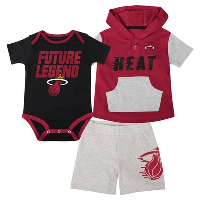 Outerstuff Babies' Infant Boys And Girls Black, Red, Gray Miami Heat Bank Shot Bodysuit, Hoodie T-shirt And Shorts Set In Black,red