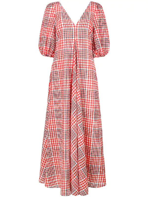 Ganni Checked Cotton-blend Seersucker Maxi Dress In Red | ModeSens