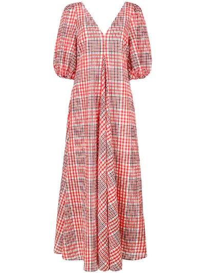 ganni red seersucker dress Ganni Seersucker Check Mock-Neck Puff-Sleeve Dress
