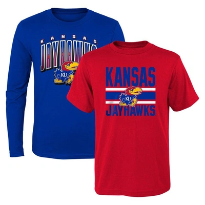 Outerstuff Kids' Preschool Boys And Girls Royal, Red Kansas Jayhawks Fan Wave Short And Long Sleeve T-shirt Combo Pac In Royal,red