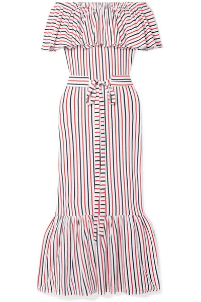 Mds Stripes Rebecca Off-the-shoulder Ruffled Striped Cotton-jersey Midi Dress In Red
