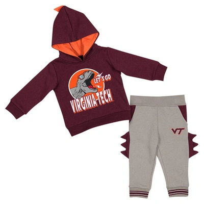 Colosseum Babies' Infant Boys And Girls  Maroon, Grey Virginia Tech Hokies Dino Pullover Hoodie And Trousers Set In Maroon,gray