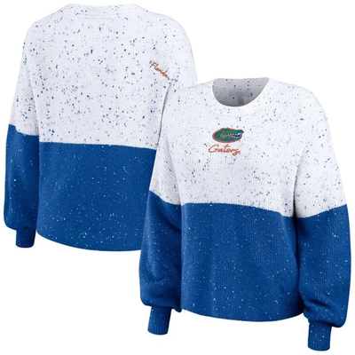 Wear By Erin Andrews Women's  White, Royal Florida Gators Colorblock Script Pullover Sweater In White,royal