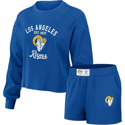 Wear By Erin Andrews Royal Los Angeles Rams Waffle Knit Long Sleeve T-shirt & Shorts Lounge Set