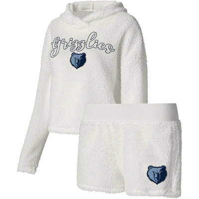 College Concepts Women's  Cream Memphis Grizzlies Fluffy Long Sleeve Hoodie T-shirt And Shorts Sleep