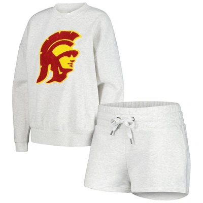 Gameday Couture Women's  Ash Usc Trojans Team Effort Pullover Sweatshirt And Shorts Sleep Set