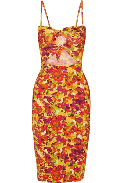 Adriana Degreas Printed Cutout Stretch-crepe Dress In Yellow