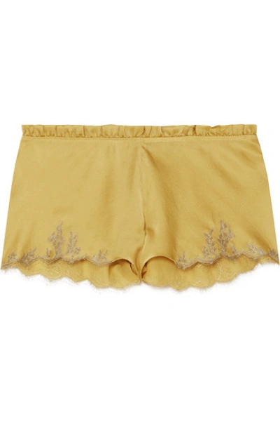 Carine Gilson Flottant Chantilly Lace-trimmed Silk-satin Shorts In Mustard