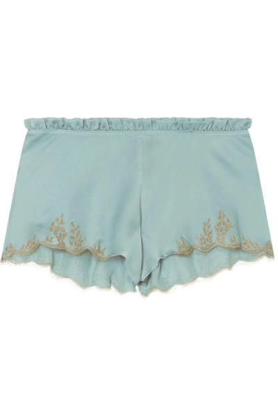 Carine Gilson Flottant Chantilly Lace-trimmed Silk-satin Shorts In Sky Blue