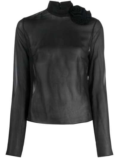 Magda Butrym Floral-appliqué Semi-sheer Silk Top In Black