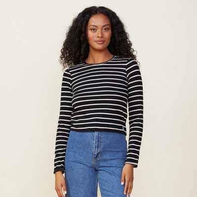 Monrow Stripe Long Sleeve Crew In Black/natural