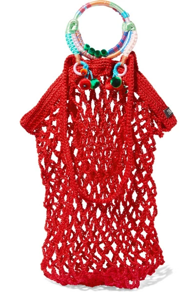 Nannacay Fishnet Pompom-embellished Macramé Tote In Red