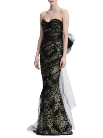 Marchesa Strapless Metallic Corded Lace Gown In Black Gold