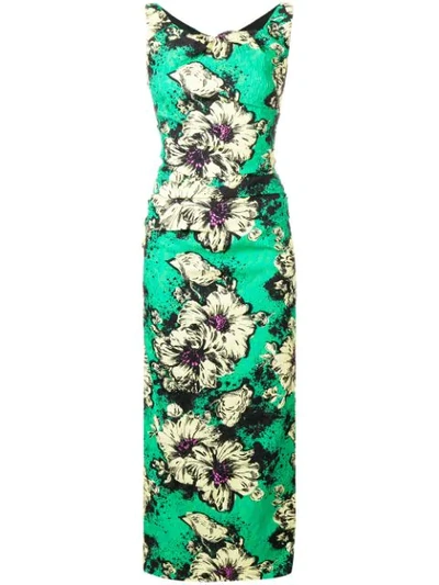 Miu Miu Ruched Floral-print Silk-blend Cloqué Midi Dress In Smeraldo