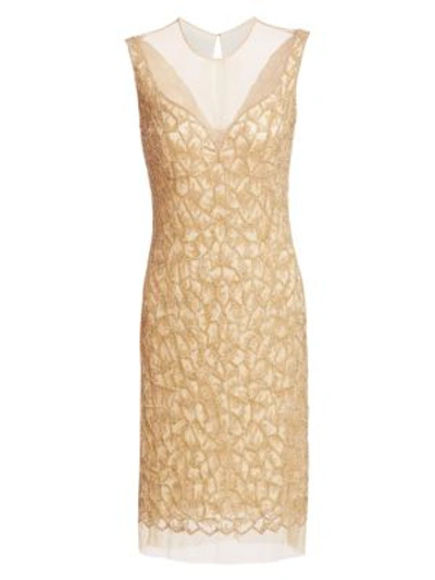 Joanna Mastroianni Beaded Illusion-neck Cocktail Dress In Gold Nude