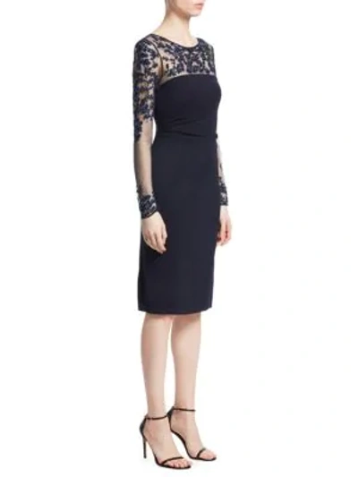 David Meister Tattoo Sheer Long-sleeve Ruched Dress In Navy