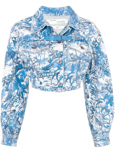 Off-white Tapestry Print Crop Denim Jacket In Blue