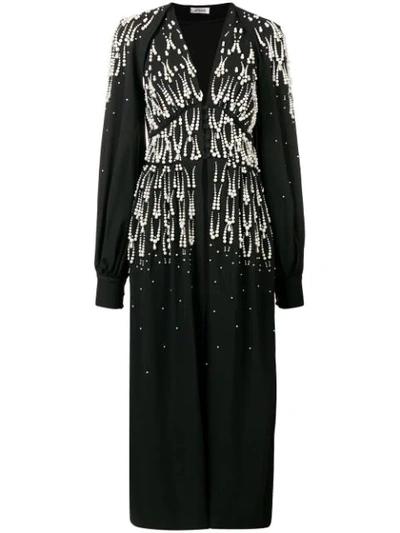 Attico Satin Pearl-embellished Slit Wrap Dress In Black