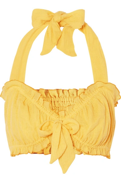 She Made Me Kali Bow-embellished Halterneck Crinkled-cotton Top In Yellow