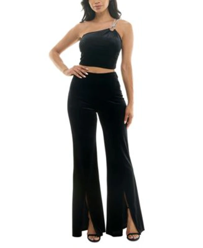 Alex & Sophia Alex Sophia Juniors Rhinestone Strap Sleeveless Velvet Top Velvet Pull On Front Slit Pants In Black