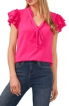 Cece Ruffle Tie Neck Top In Bright Rose