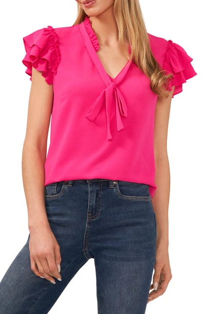 Shop Cece Ruffle Tie Neck Top In Bright Rose