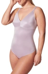 Spanx Shaping Satin Thong Bodysuit In Purple