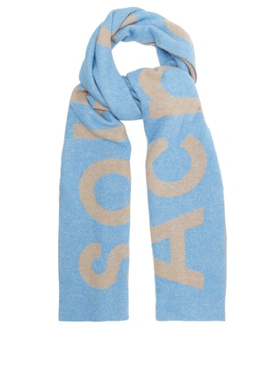 Acne Studios Toronto Logo-intarsia Wool Blend Scarf In Beige/blue