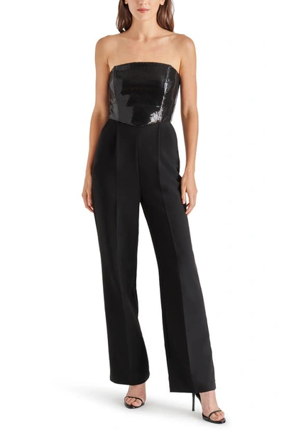 Steve Madden Riki Mixed Media Strapless Jumpsuit In Black