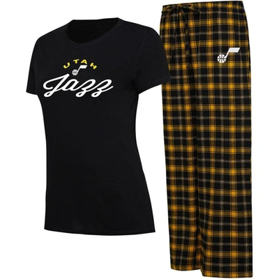College Concepts Women's  Black, Gold Utah Jazz Arctic T-shirt And Flannel Trousers Sleep Set In Black,gold