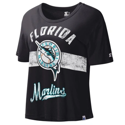 Starter Black Florida Marlins Cooperstown Collection Record Setter Crop Top