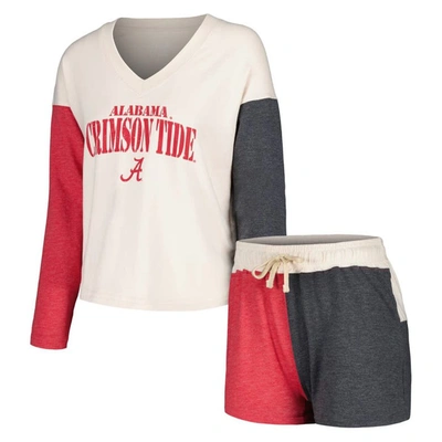 Wes & Willy Cream Alabama Crimson Tide Colorblock Long Sleeve V-neck T-shirt And Shorts Set